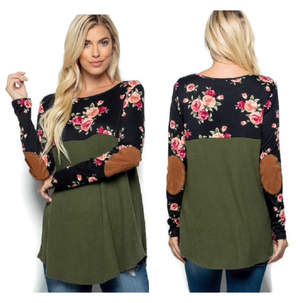 Floral Contrast Long Sleeve Top w/ Elbow Patches
